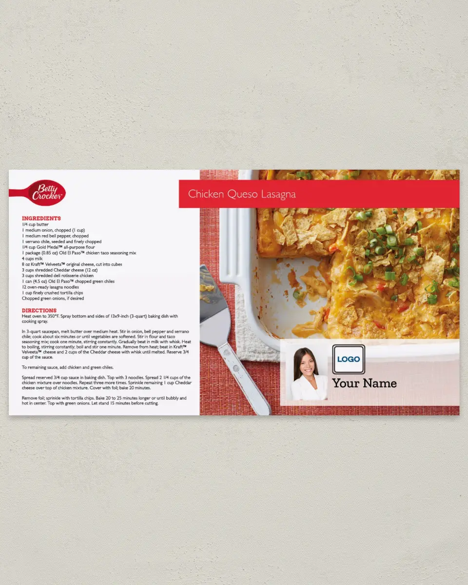 This is a 6" x 11" Postcard called Chicken Queso Lasagna printed in full color