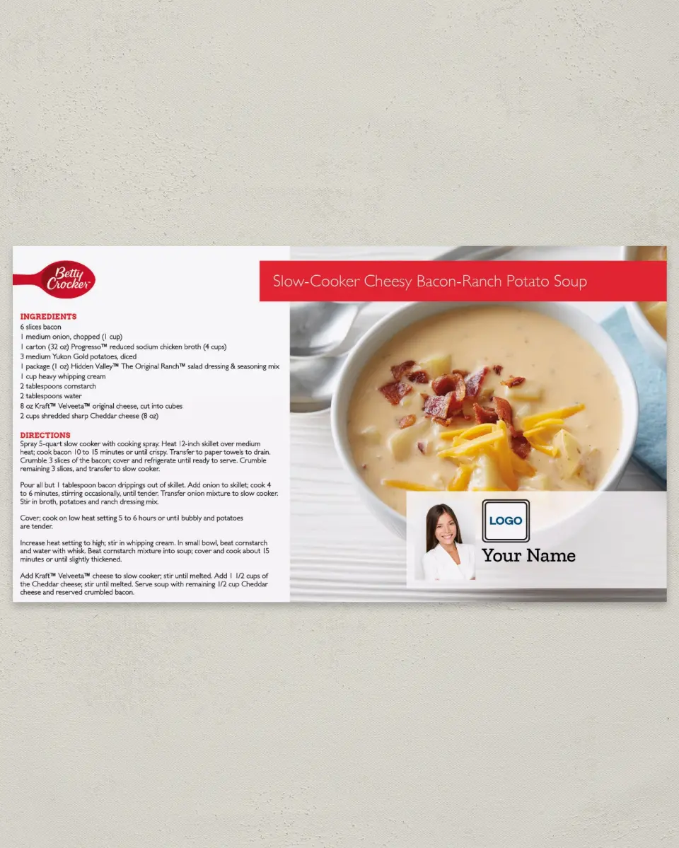 This is a 6" x 11" Postcard called Slow- Cooker Cheesy Bacon- Ranch Potato Soup printed in full color