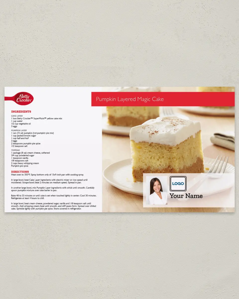 This is a 6" x 11" Postcard called Pumpkin Layered Magic Cake printed in full color