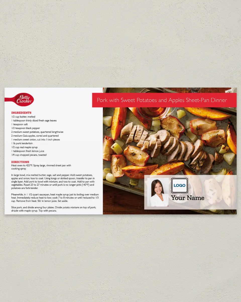This is a 6" x 11" Postcard called Pork with Sweet Potatoes and Apples Sheet- Pan Dinner printed in full color