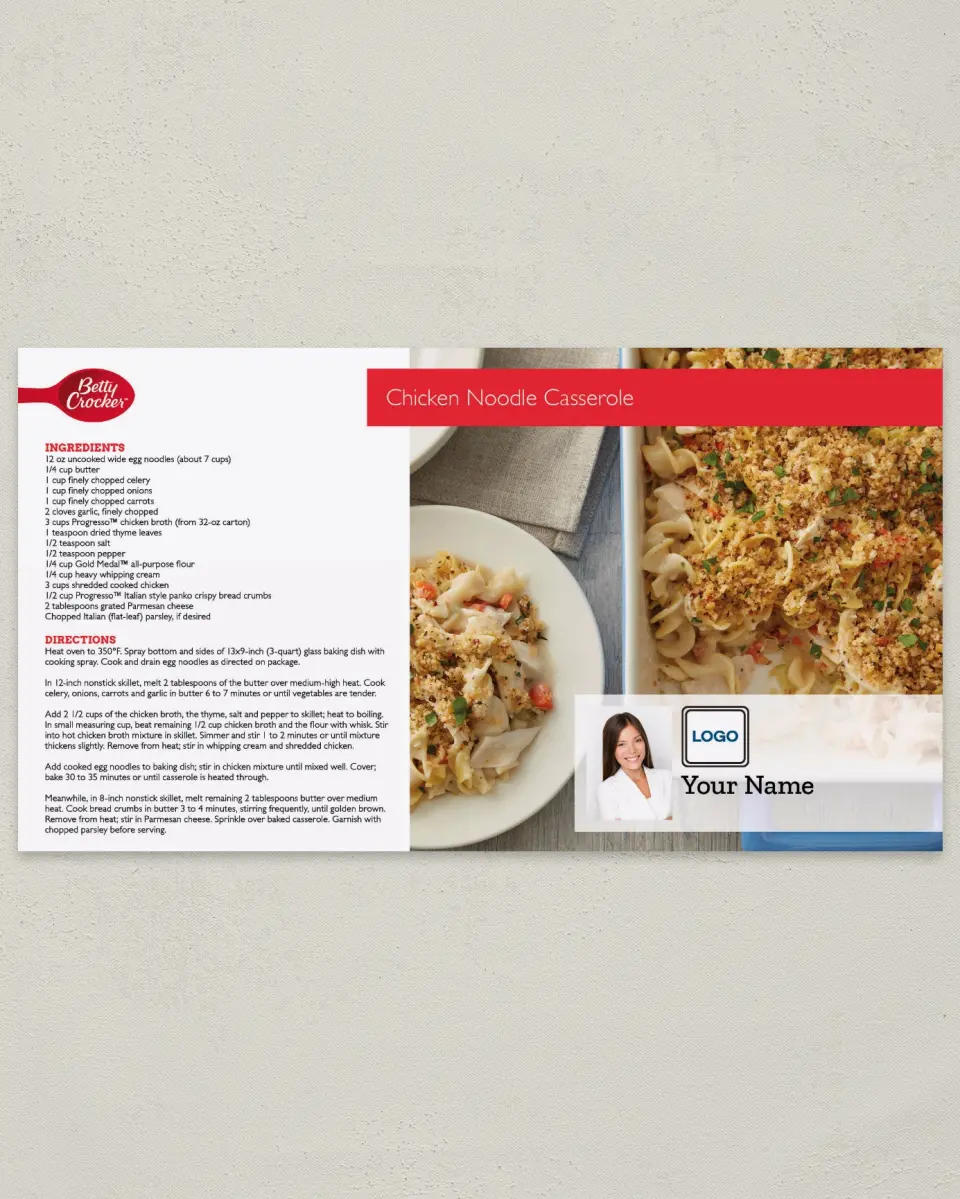 This is a 6" x 11" Postcard called Chicken Noodle Casserole printed in full color