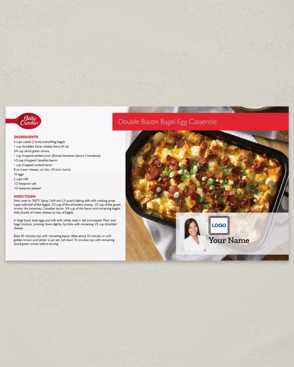 This is a 6" x 11" Postcard called Double Bacon Bagel Egg Casserole printed in full color