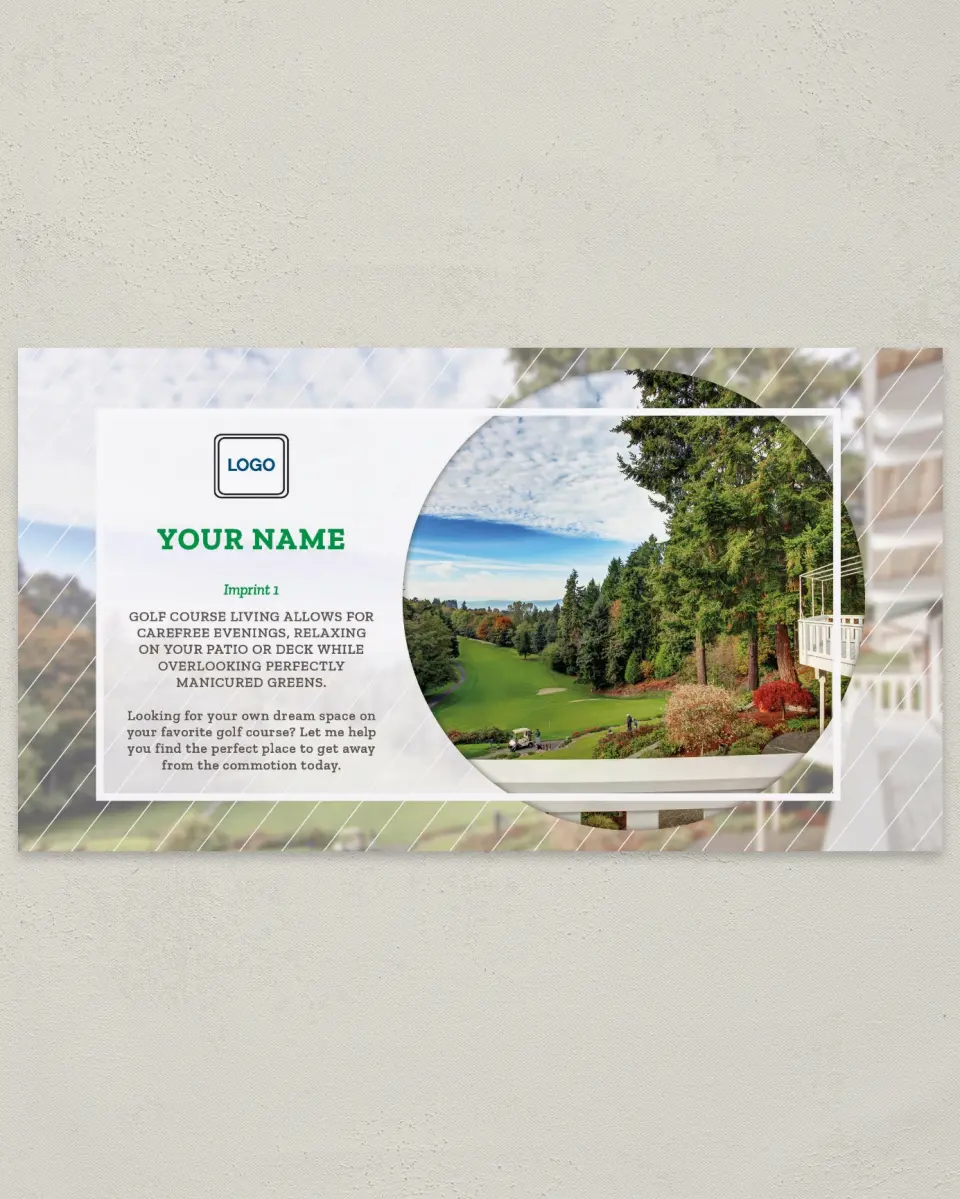This is a 6" x 11" Postcard called Golf Course Living printed in full color