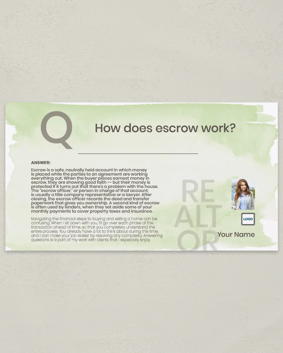 This is a 6" x 11" Postcard called Escrow Explained printed in full color