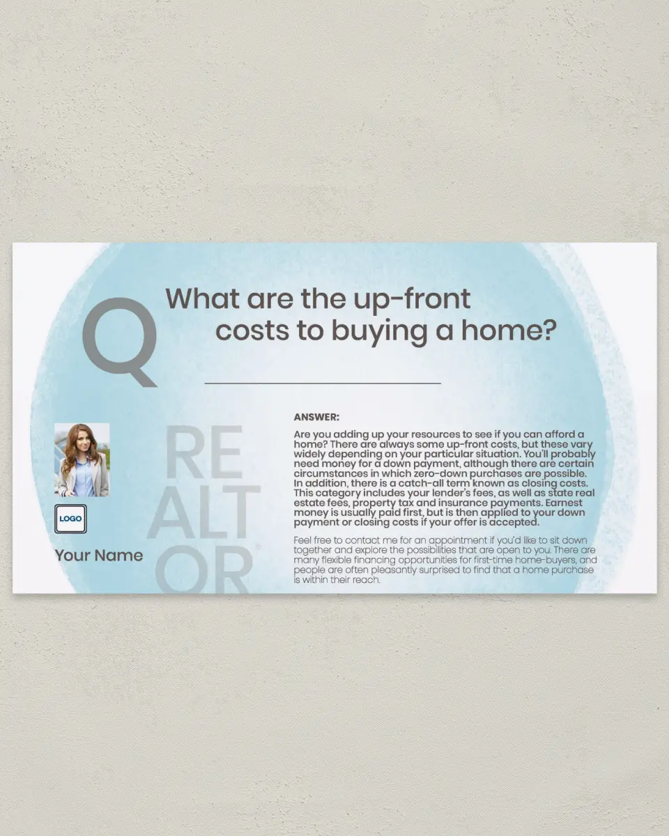 This is a 6" x 11" Postcard called Up-Front Costs printed in full color