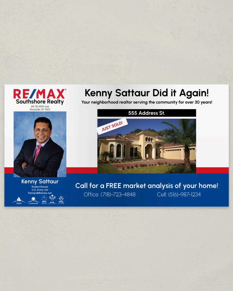 This is a 6" x 11" Postcard called Just Sold Postcards (1 House) Kenny Sattaur printed in full color