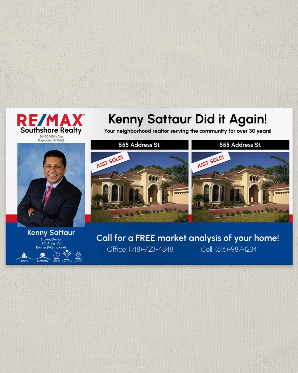 This is a 6" x 11" Postcard called Just Sold Postcards (2 Houses) Kenny Sattaur printed in full color