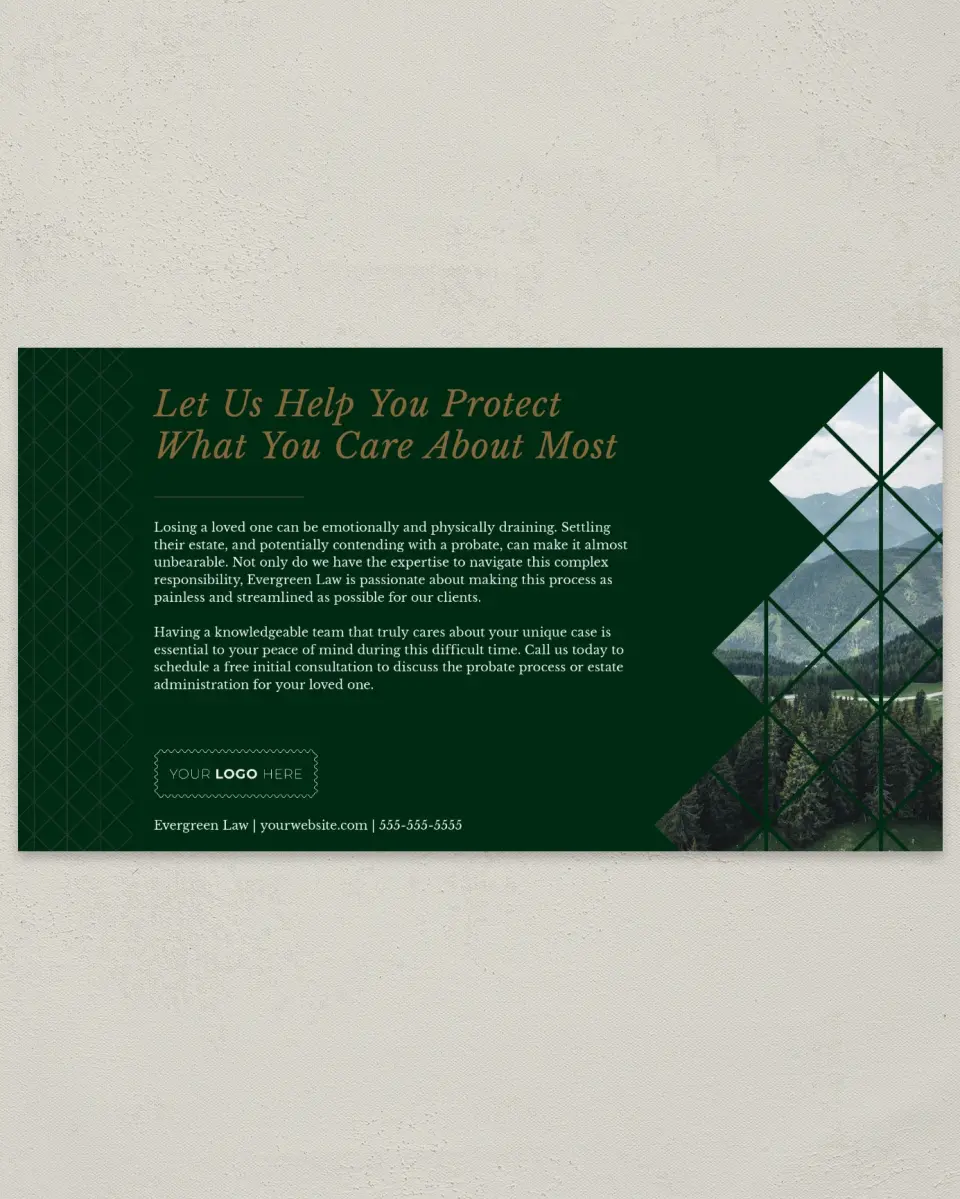 This is a 6" x 11" Postcard called Enduring Evergreen printed in full color