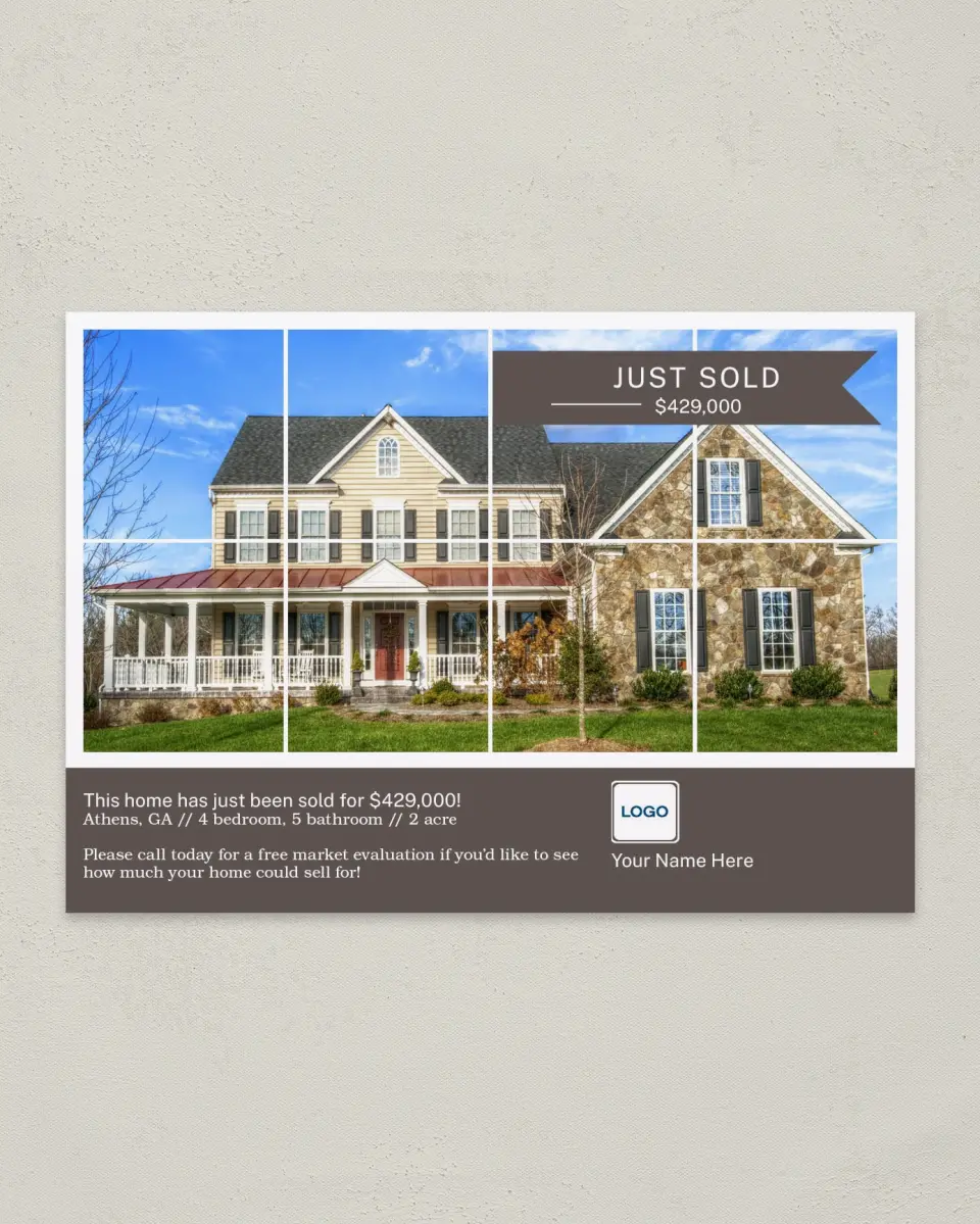 This is a 4¼" x 6" Postcard called Sold Squared printed in full color
