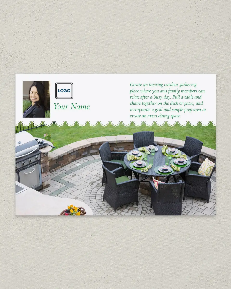 This is a 4¼" x 6" Postcard called Home Tip - Outdoor Gathering printed in full color