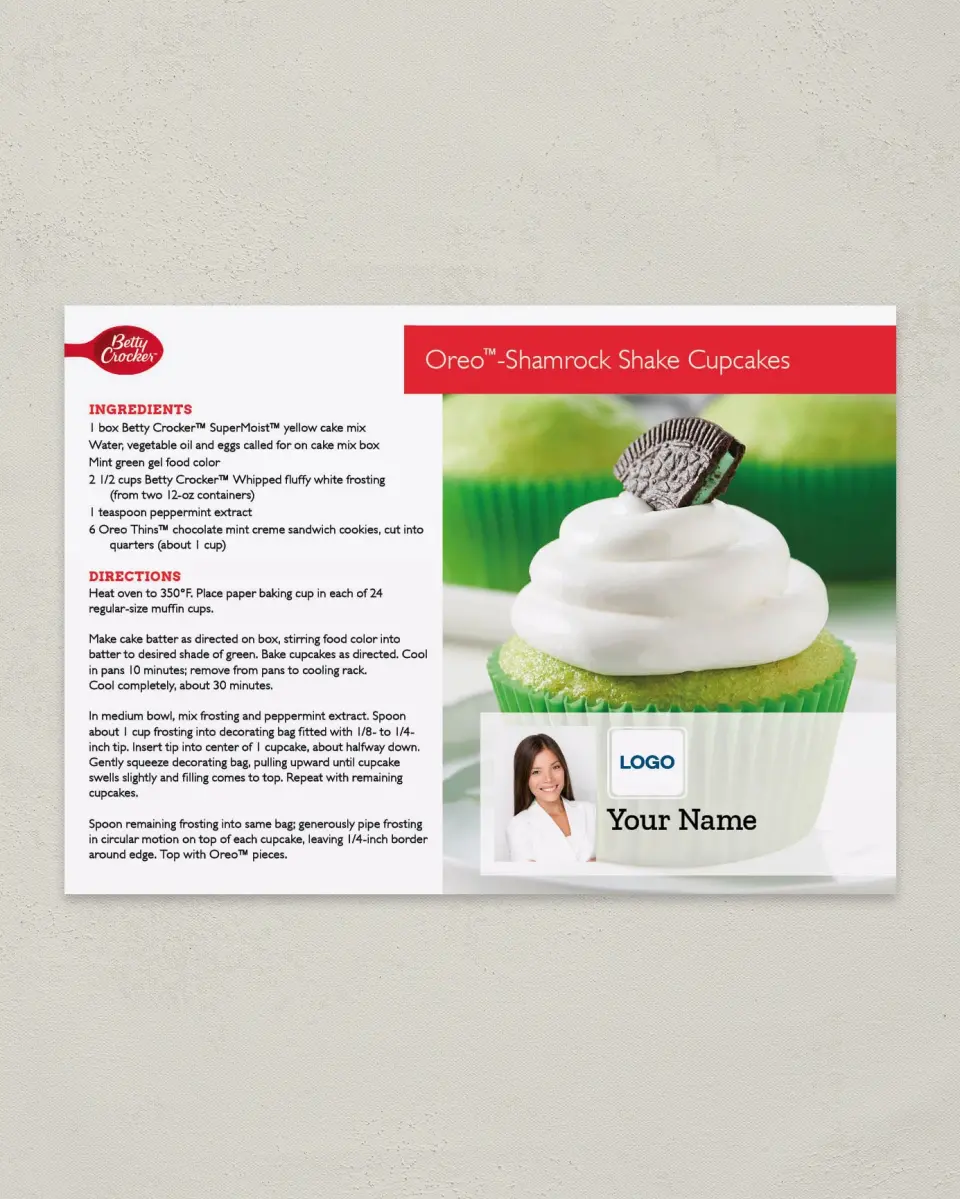This is a 4¼" x 6" Postcard called Betty Crocker -  Oreo Shamrock Cupcakes printed in full color