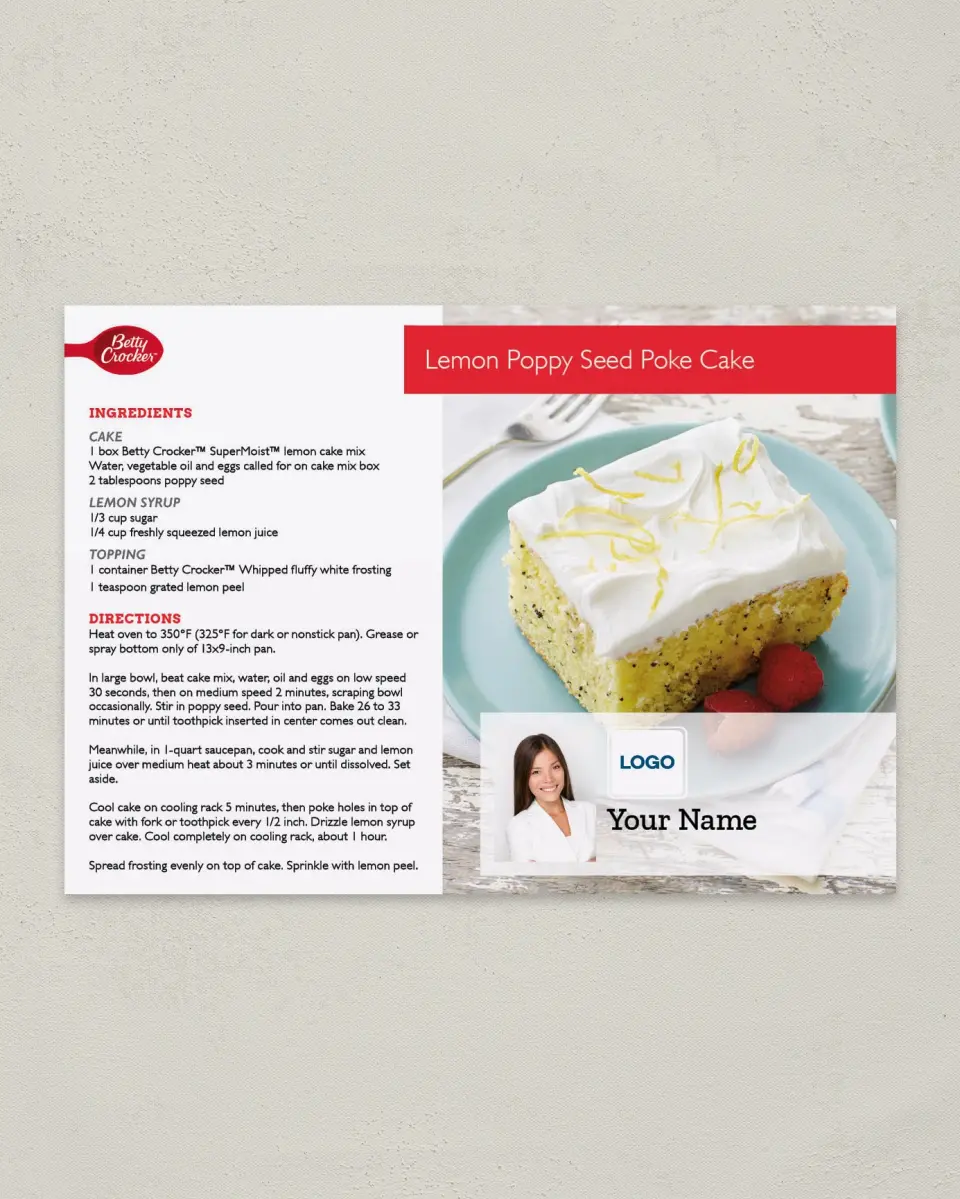 This is a 4¼" x 6" Postcard called Betty Crocker -  Lemon Poppy Seed Cake printed in full color