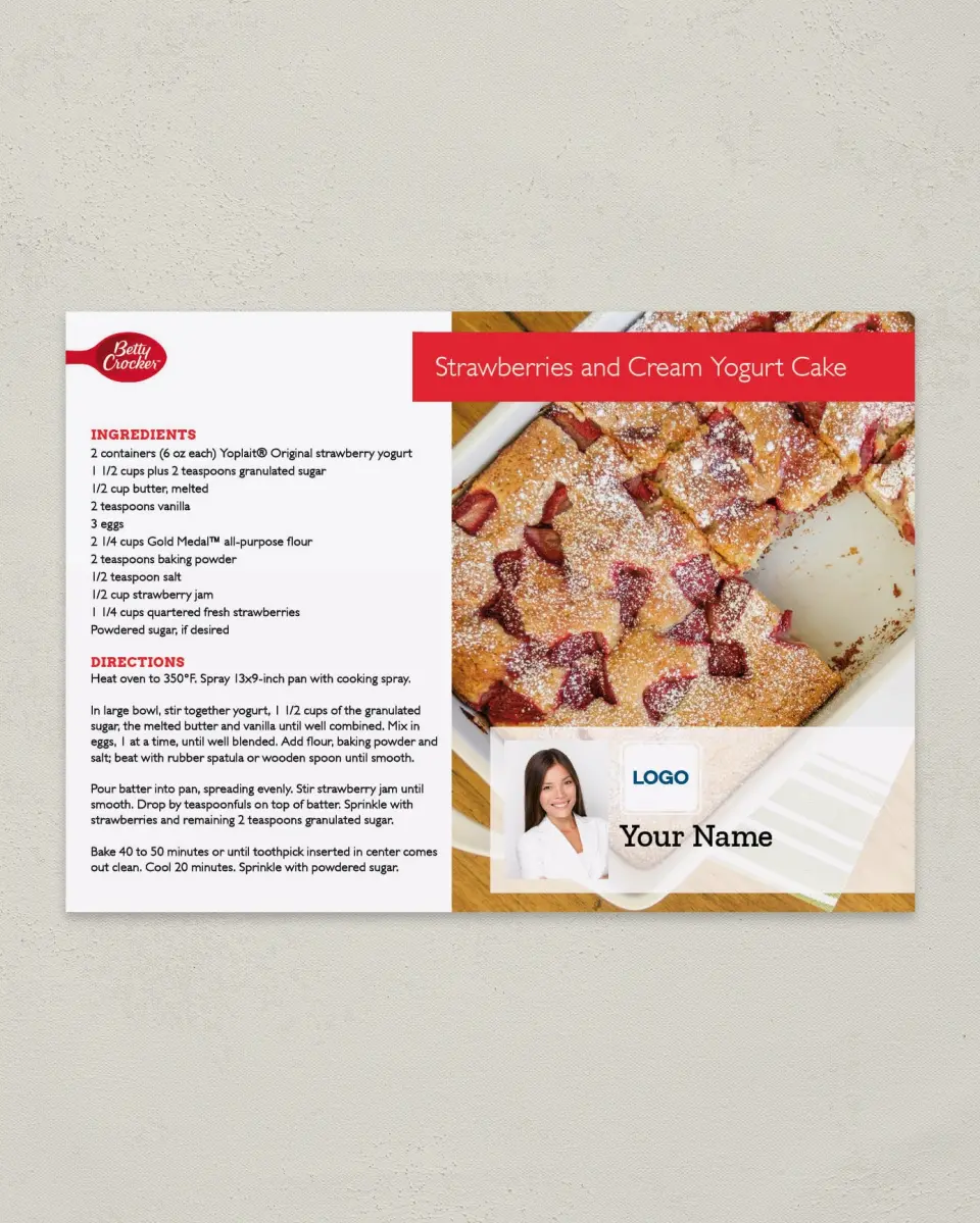 This is a 4¼" x 6" Postcard called Betty Crocker -  Strawberries and Cream Yogurt Cake printed in full color