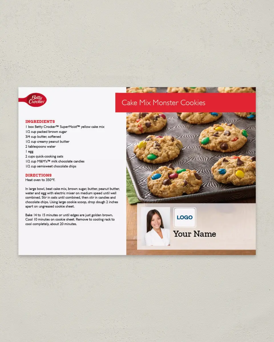 This is a 4¼" x 6" Postcard called Betty Crocker -  Cake Mix Monster Cookies printed in full color