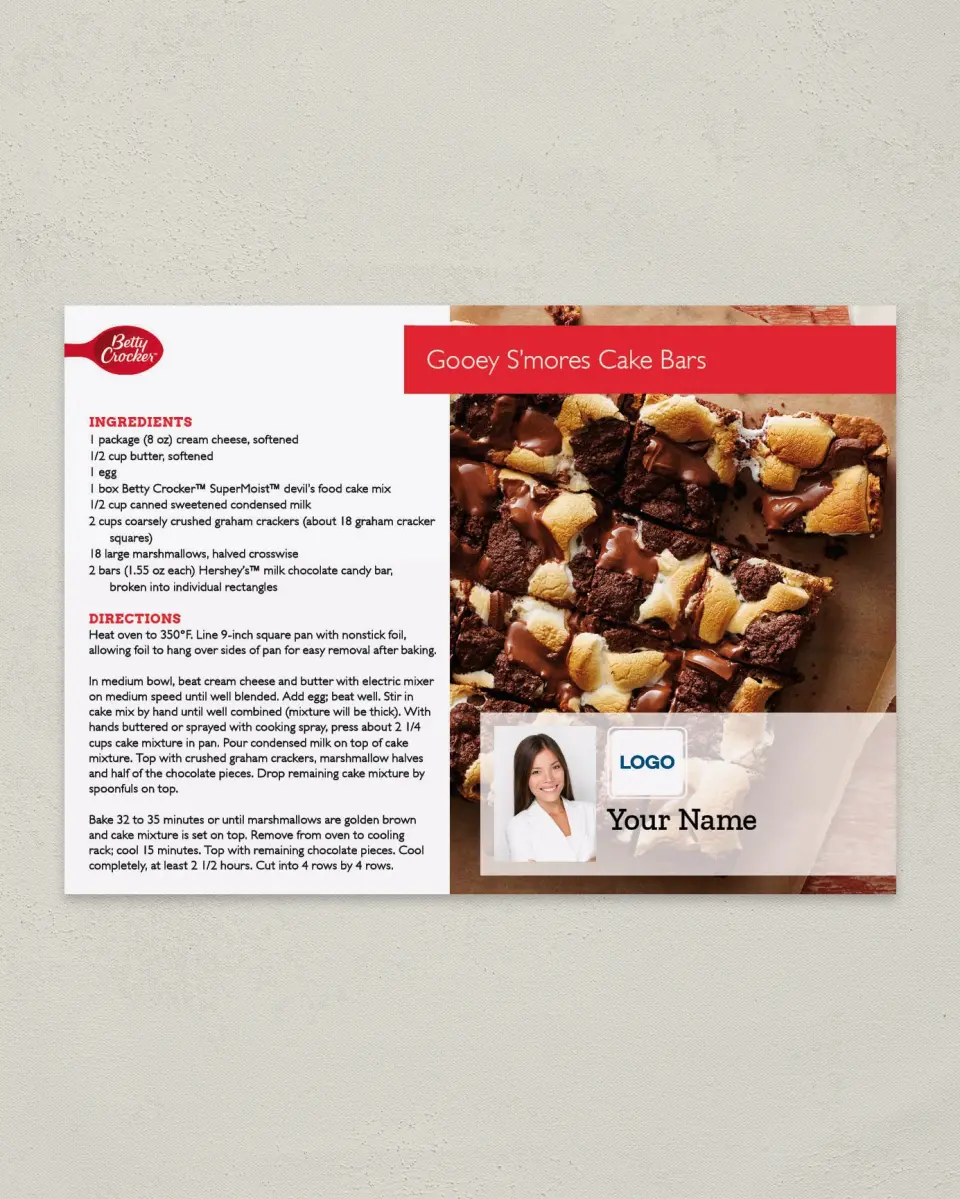 This is a 4¼" x 6" Postcard called Betty Crocker -  Gooey S'mores Cake Bars printed in full color