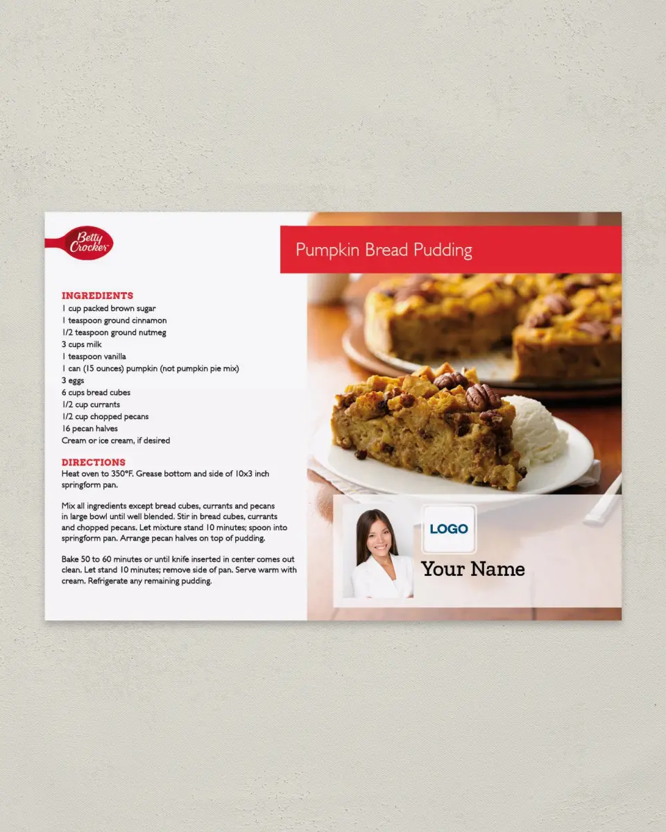 This is a 4¼" x 6" Postcard called Betty Crocker -  Pumpkin Bread Pudding printed in full color
