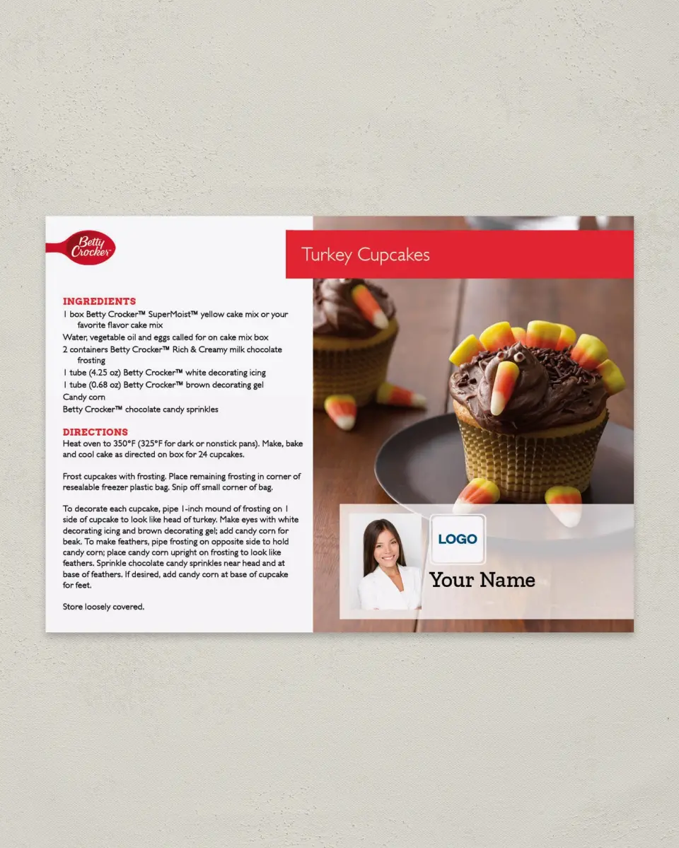 This is a 4¼" x 6" Postcard called Betty Crocker -  Turkey Cupcakes printed in full color