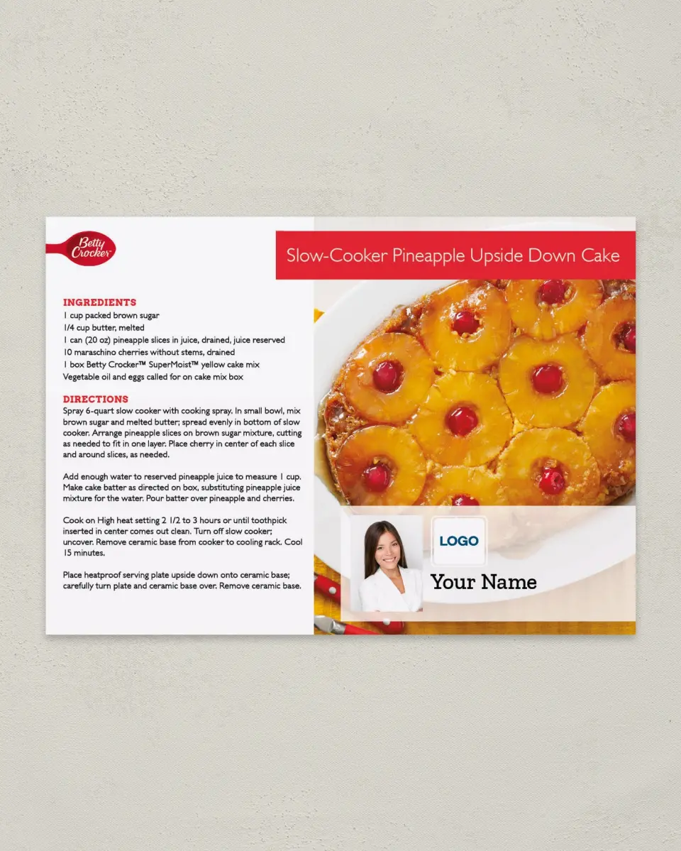 This is a 4¼" x 6" Postcard called Betty Crocker -  Upside Down Cake printed in full color