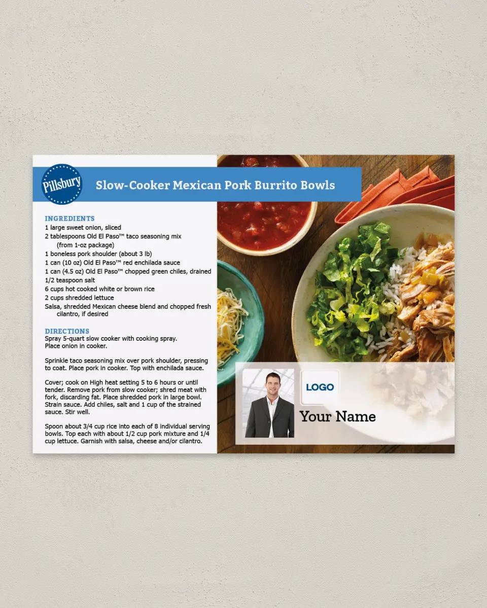 This is a 4¼" x 6" Postcard called Pillsbury -  Burrito Bowls printed in full color