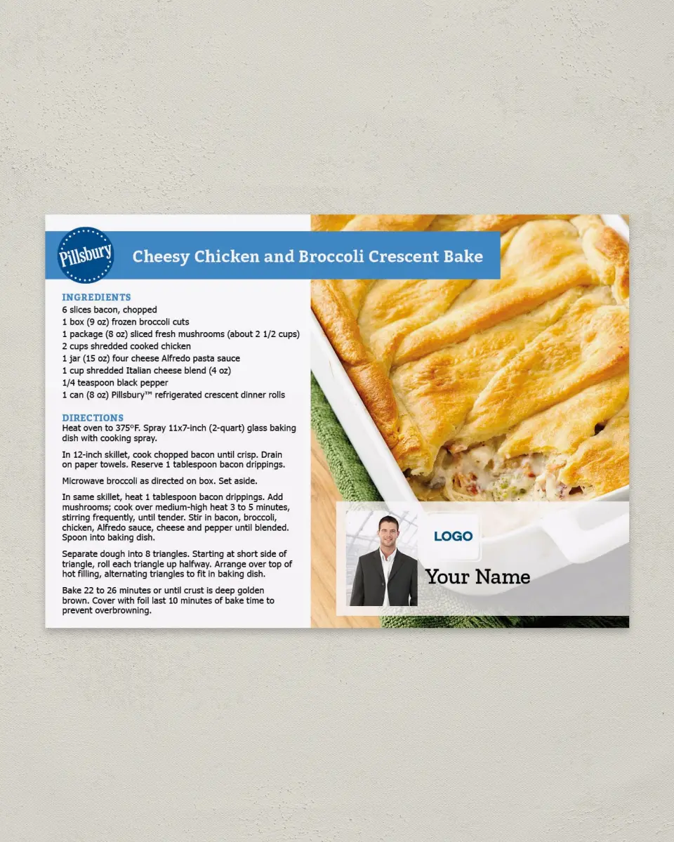 This is a 4¼" x 6" Postcard called Pillsbury -  Chicken and Broccoli Bake printed in full color