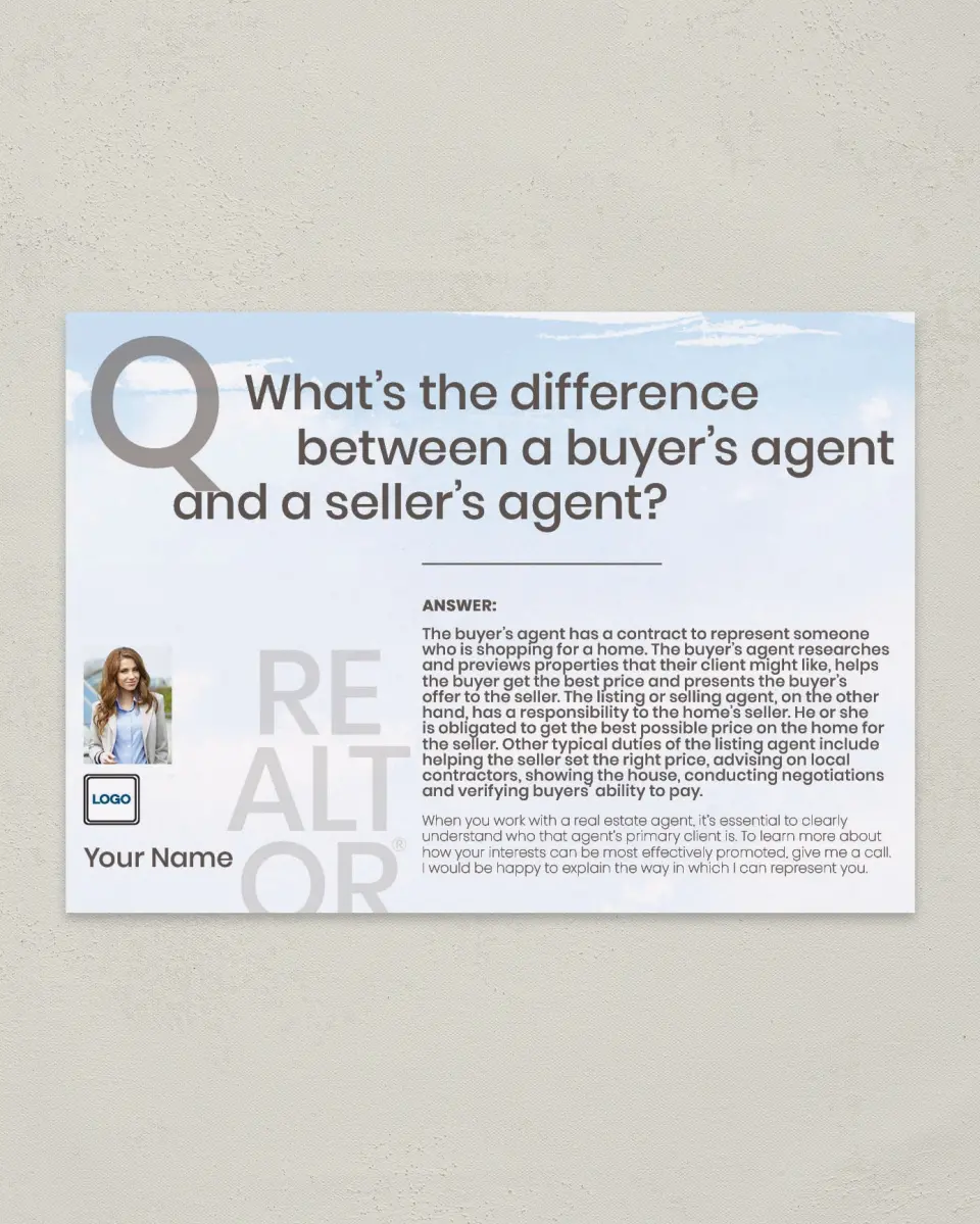 This is a 4¼" x 6" Postcard called Buying vs Selling Agent printed in full color