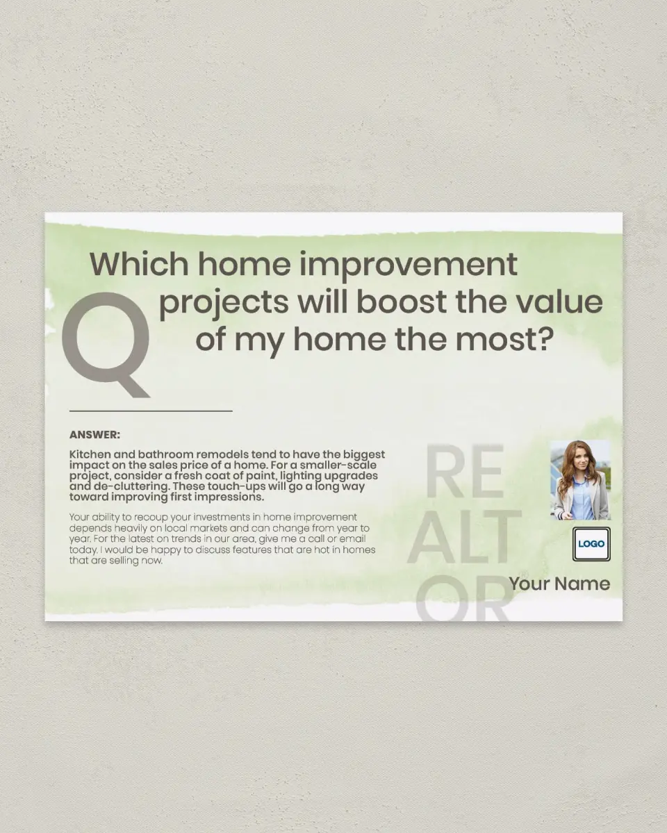 This is a 4¼" x 6" Postcard called Boost Home Value printed in full color