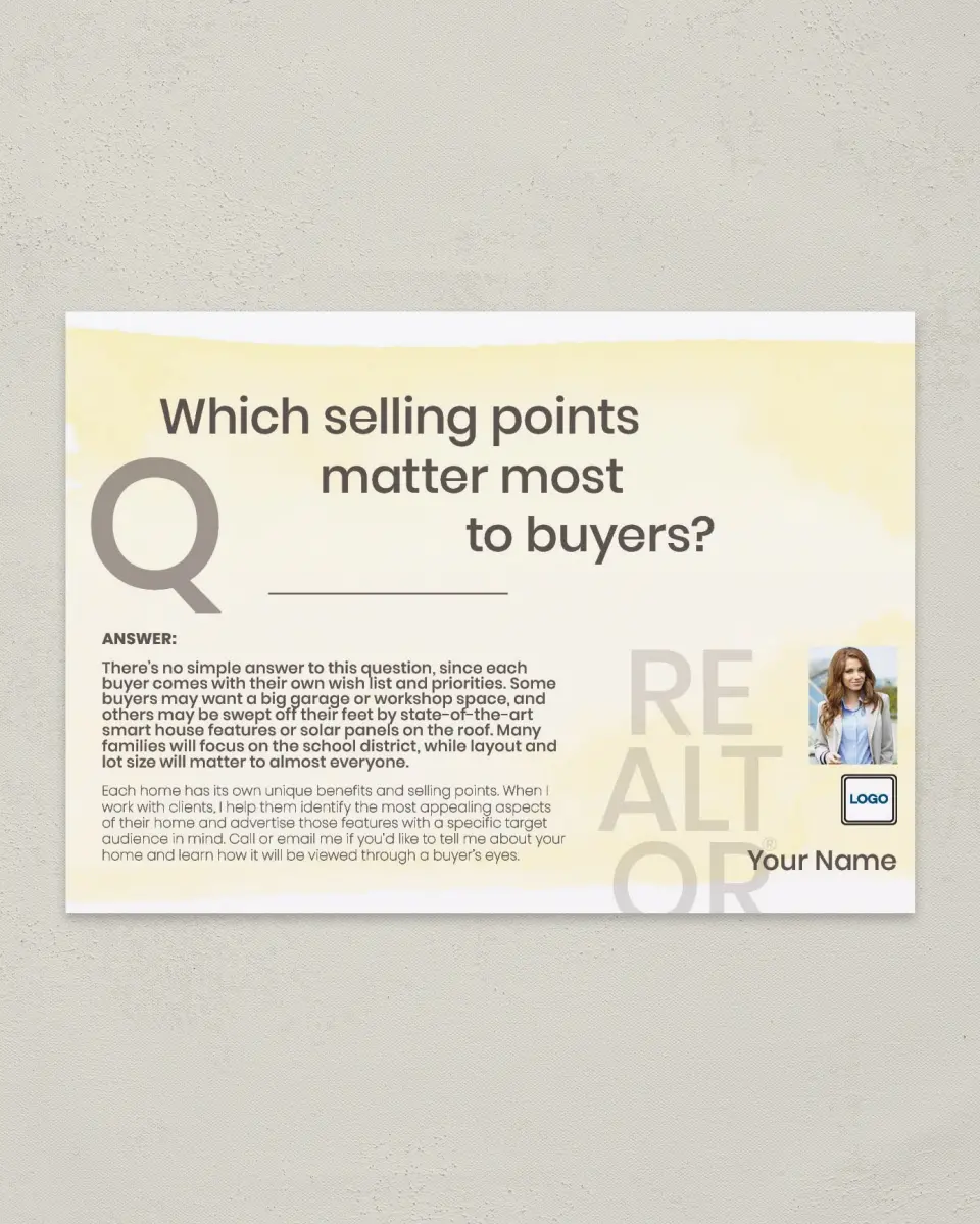 This is a 4¼" x 6" Postcard called Selling Points printed in full color