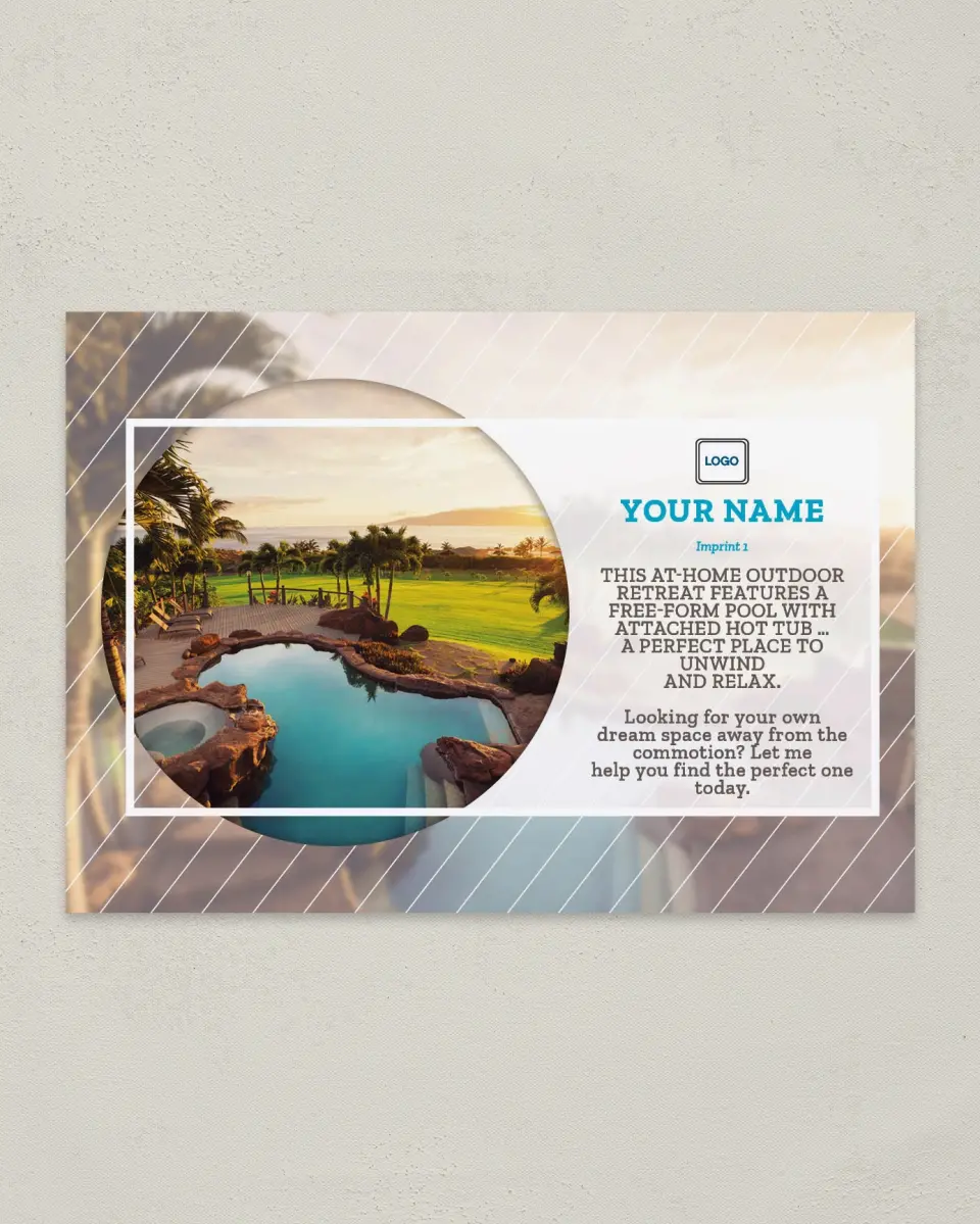 This is a 4¼" x 6" Postcard called Dream Spaces - Pool Oasis printed in full color