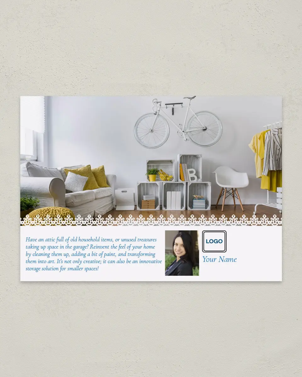 This is a 4¼" x 6" Postcard called Reinvent Decorating printed in full color
