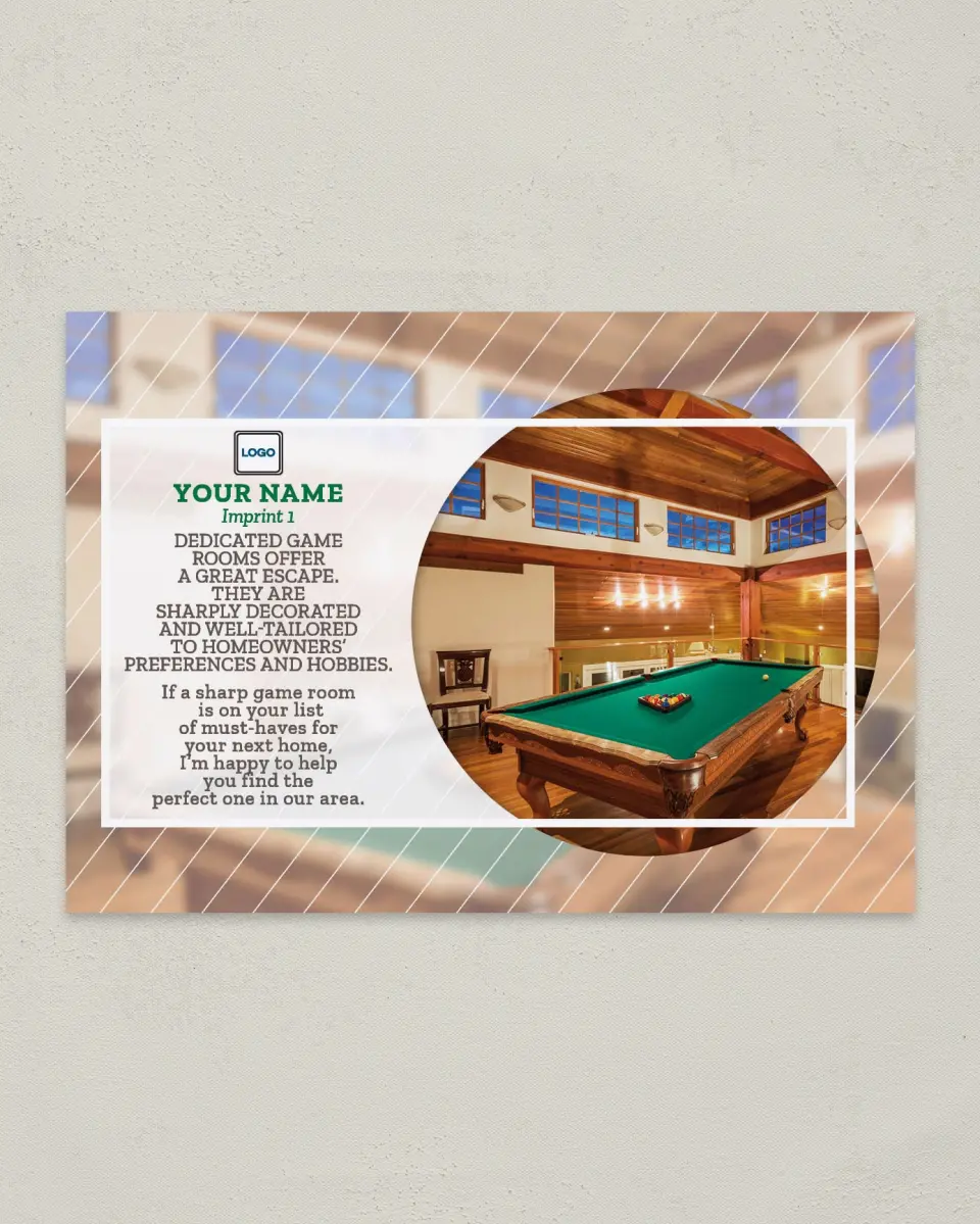 This is a 4¼" x 6" Postcard called Game Room Escape printed in full color