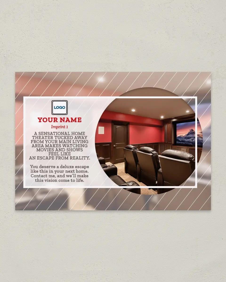 This is a 4¼" x 6" Postcard called Home Theater Retreat printed in full color