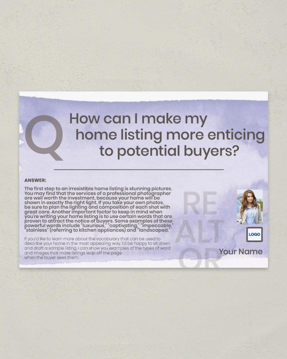 This is a 4¼" x 6" Postcard called Enticing Home Listing printed in full color