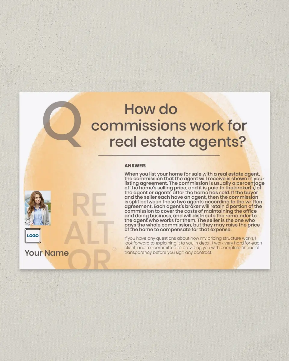 This is a 4¼" x 6" Postcard called Commissions Explained printed in full color