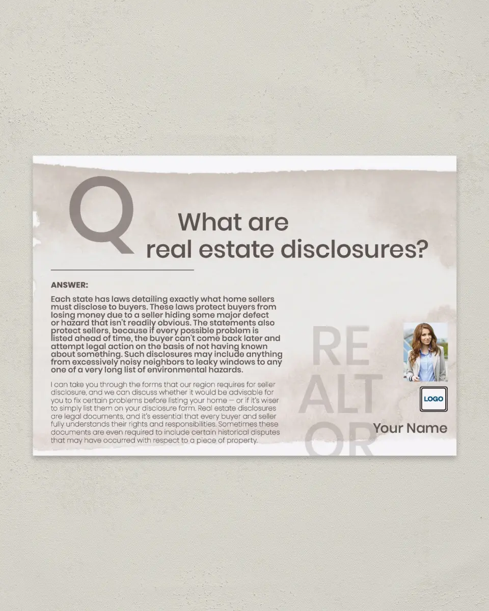 This is a 4¼" x 6" Postcard called Disclosures Revealed printed in full color