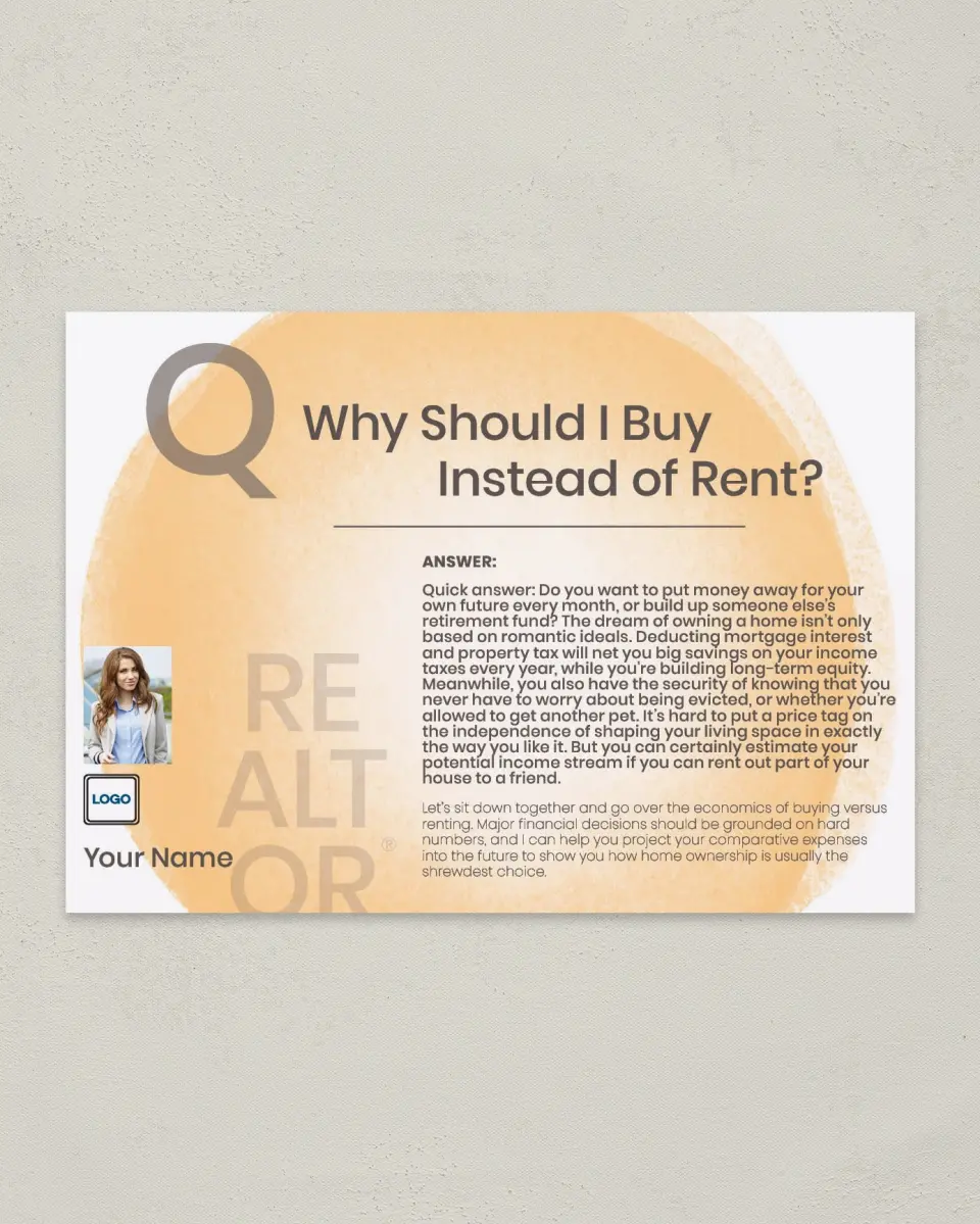 This is a 4¼" x 6" Postcard called Buy or Rent printed in full color