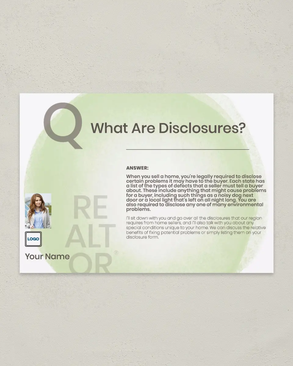 This is a 4¼" x 6" Postcard called Disclosure Info printed in full color