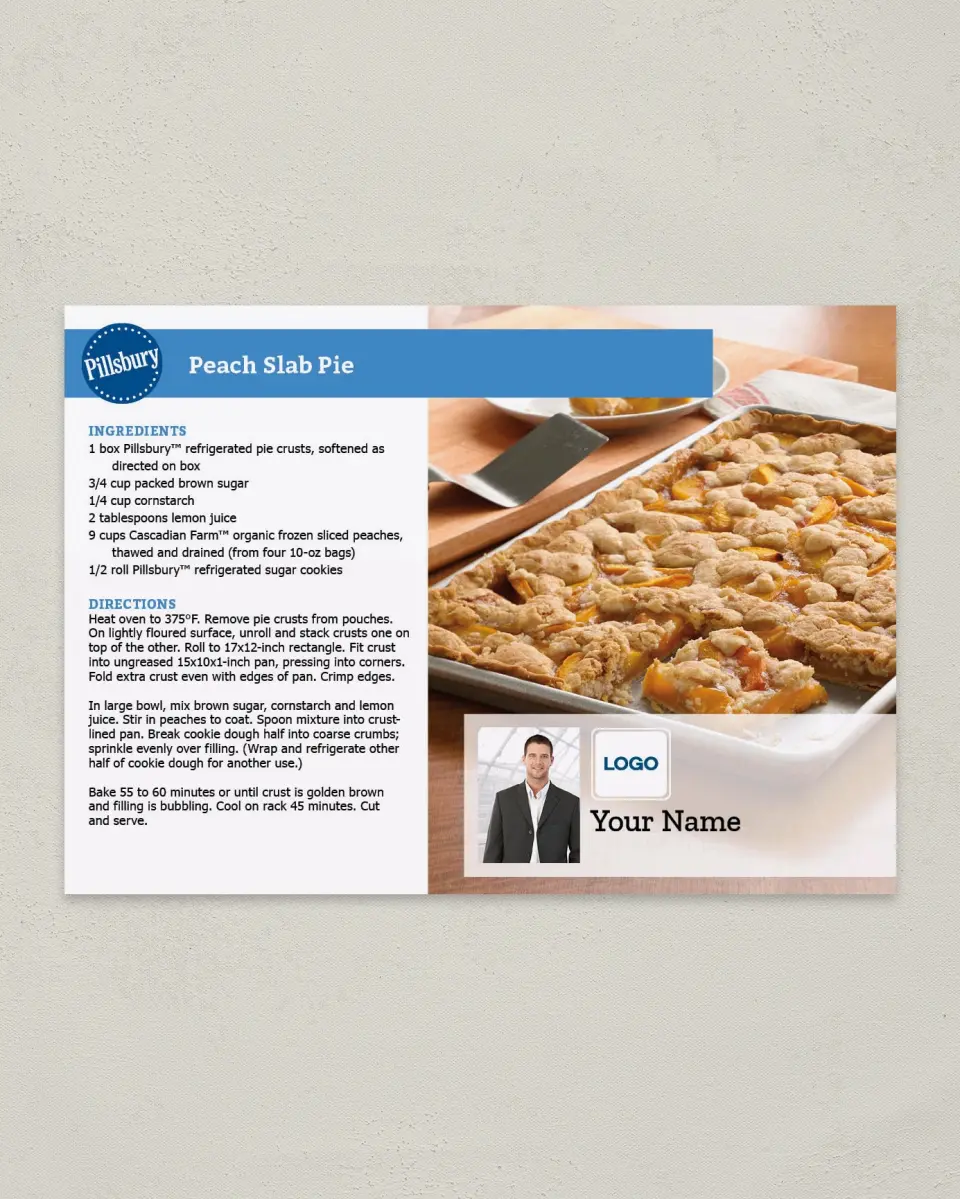This is a 4¼" x 6" Postcard called Peach Slab Pie printed in full color