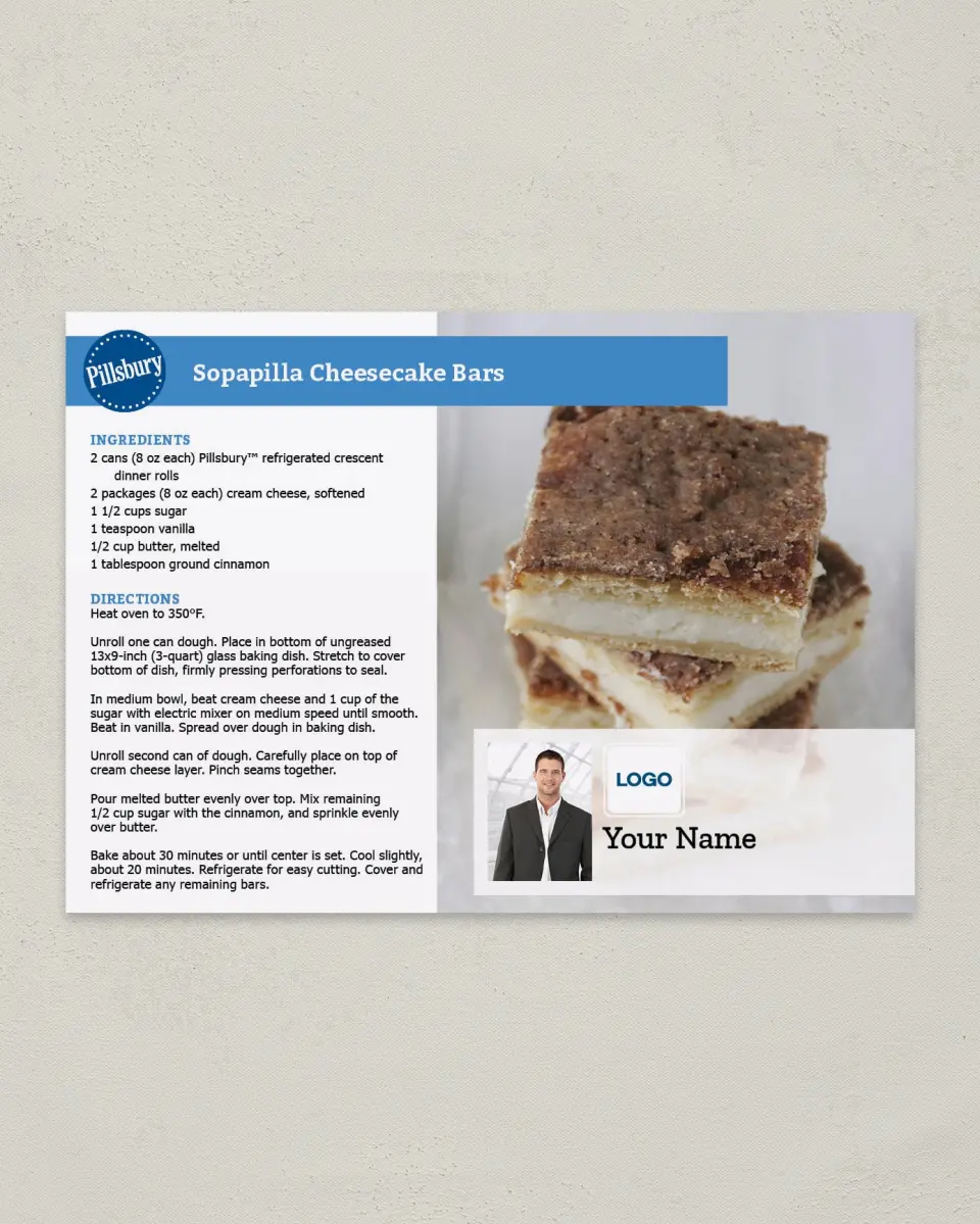This is a 4¼" x 6" Postcard called Sopapilla Cheesecake Bars printed in full color