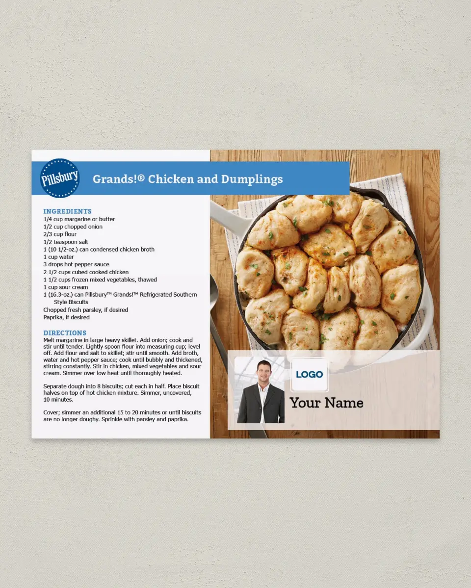 This is a 4¼" x 6" Postcard called Grands! Chicken and Dumplings printed in full color