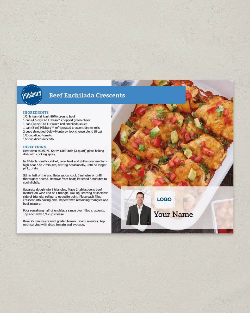 This is a 4¼" x 6" Postcard called Beef Enchilada Cresents printed in full color