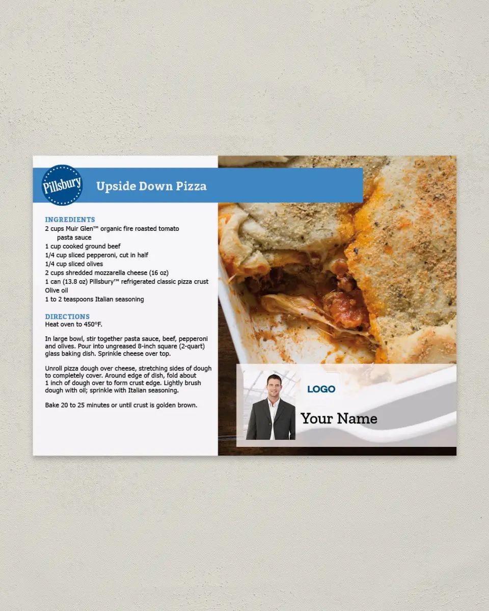 This is a 4¼" x 6" Postcard called Upside Down Pizza printed in full color