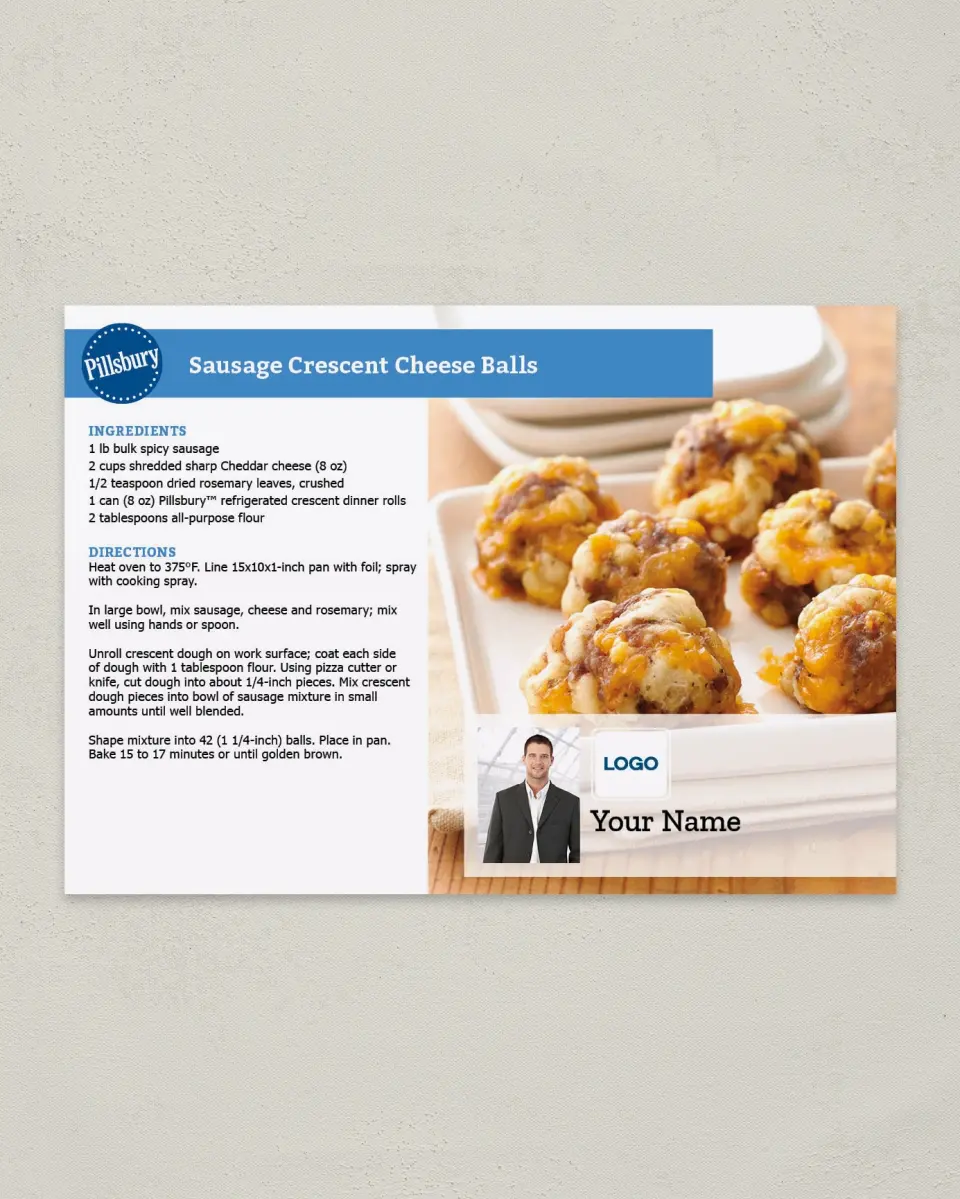 This is a 4¼" x 6" Postcard called Sausage Crescent Cheese Balls printed in full color