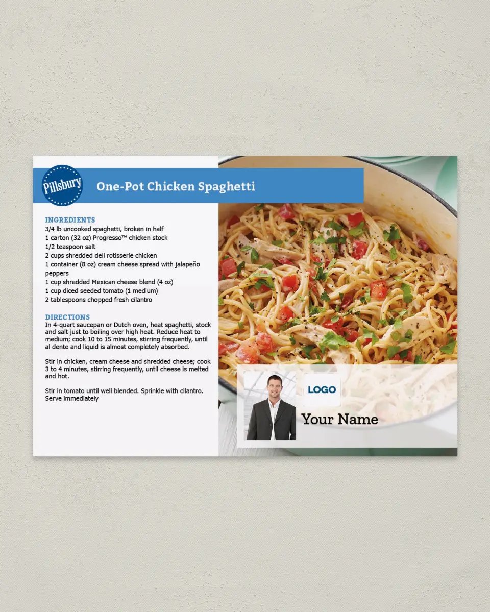This is a 4¼" x 6" Postcard called One- Pot Chicken Spaghetti printed in full color