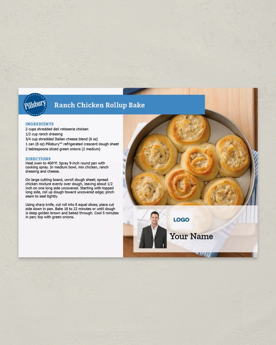 This is a 4¼" x 6" Postcard called Ranch Chicken Rollup Bake printed in full color