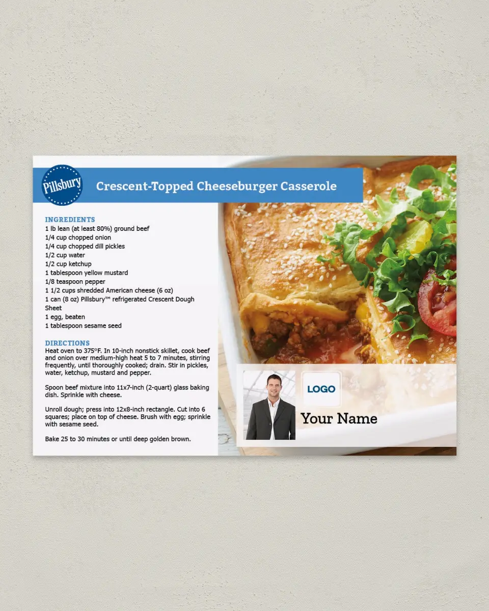 This is a 4¼" x 6" Postcard called Crescent- Topped Cheeseburger Casserole printed in full color