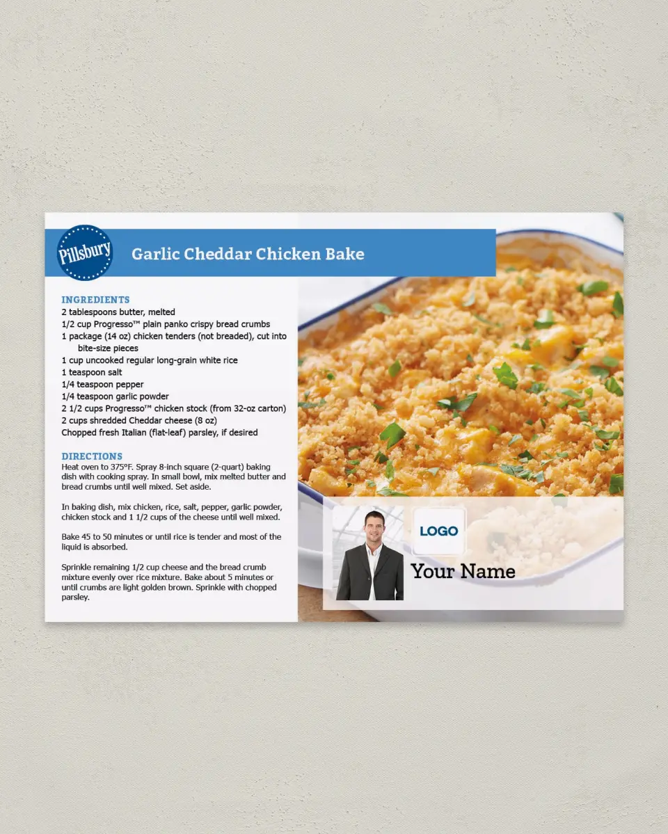 This is a 4¼" x 6" Postcard called Garlic Cheddar Chicken Bake printed in full color