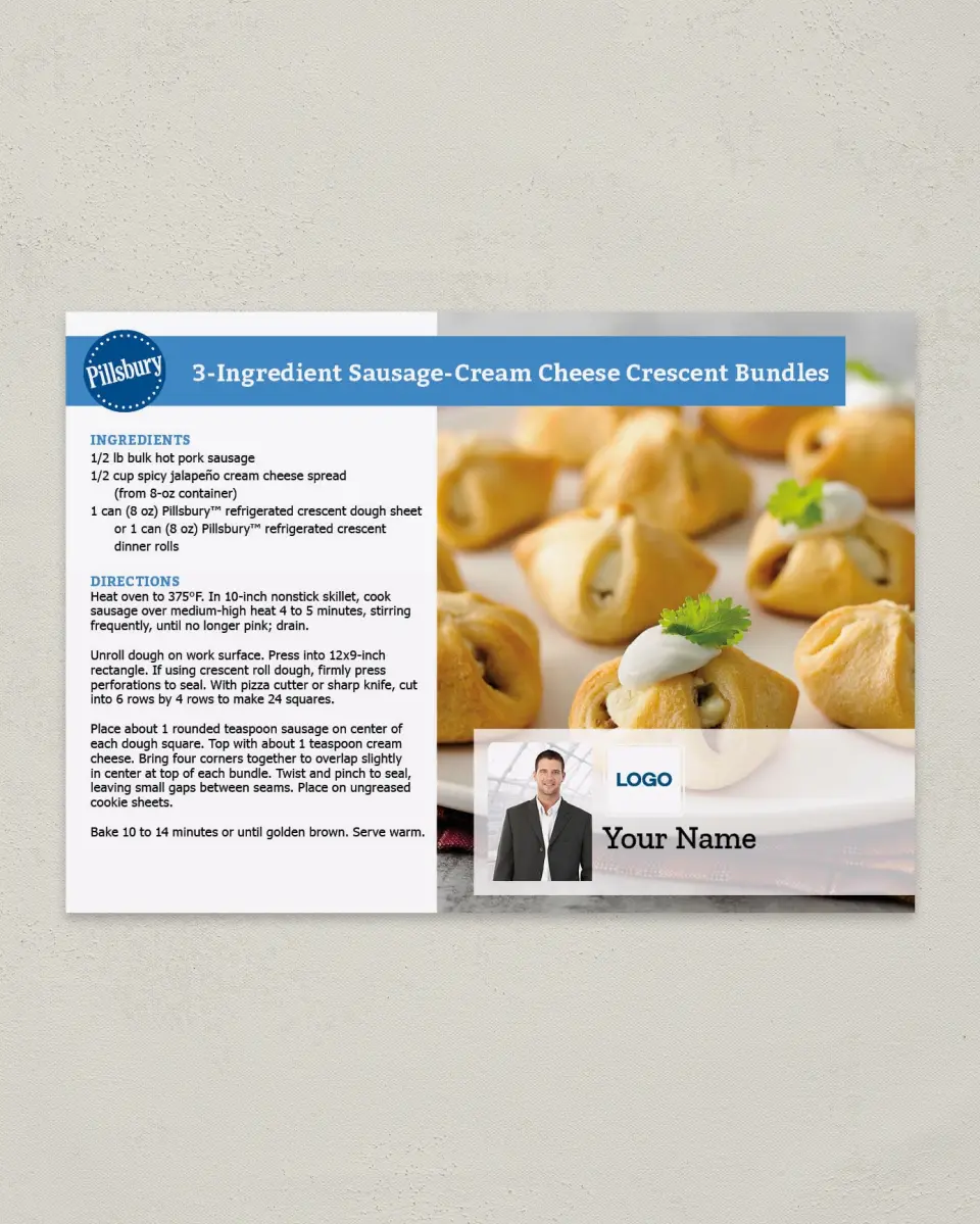 This is a 4¼" x 6" Postcard called 3-Ingredient Sausage- Cream Cheese Crescent Bundles printed in full color