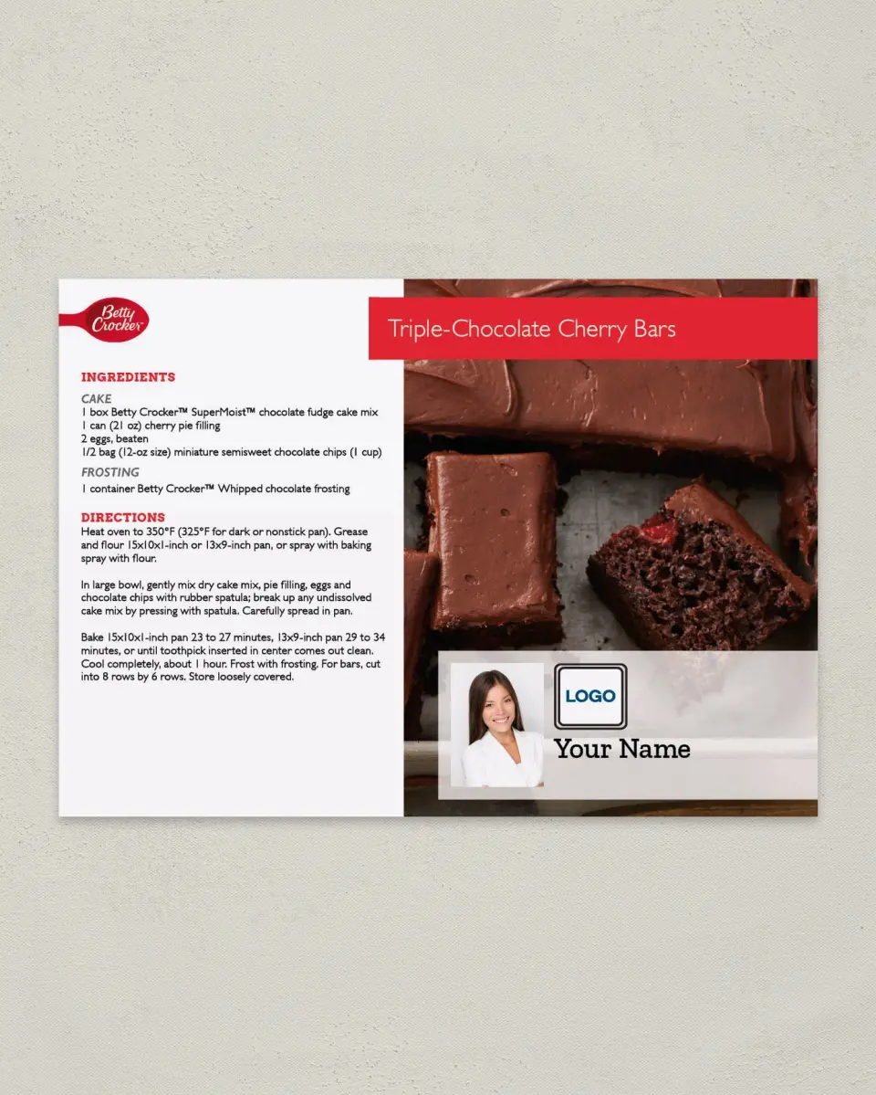 This is a 4¼" x 6" Postcard called Triple Chocolate Cherry Bars printed in full color