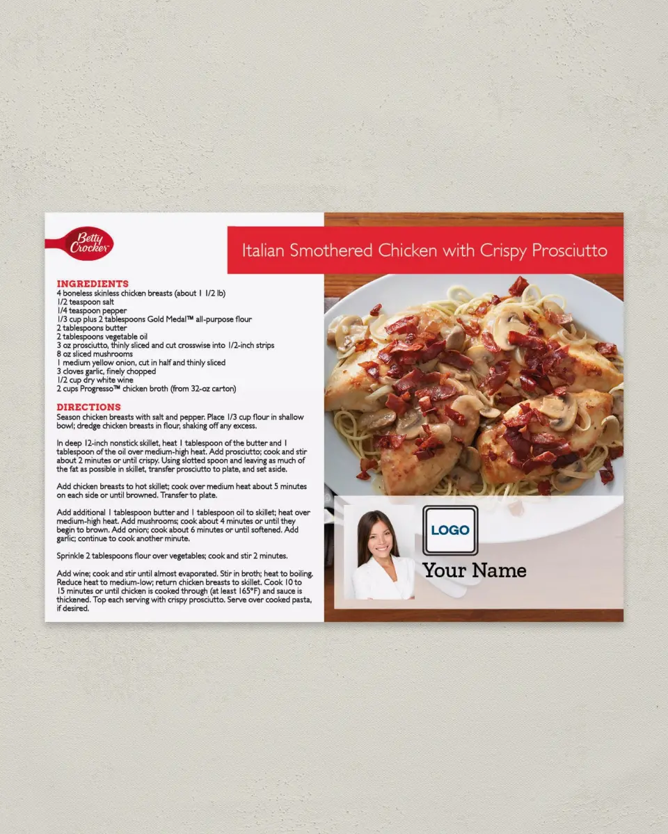 This is a 4¼" x 6" Postcard called Italian Smothered Chicken with Crispy Prosciutto printed in full color