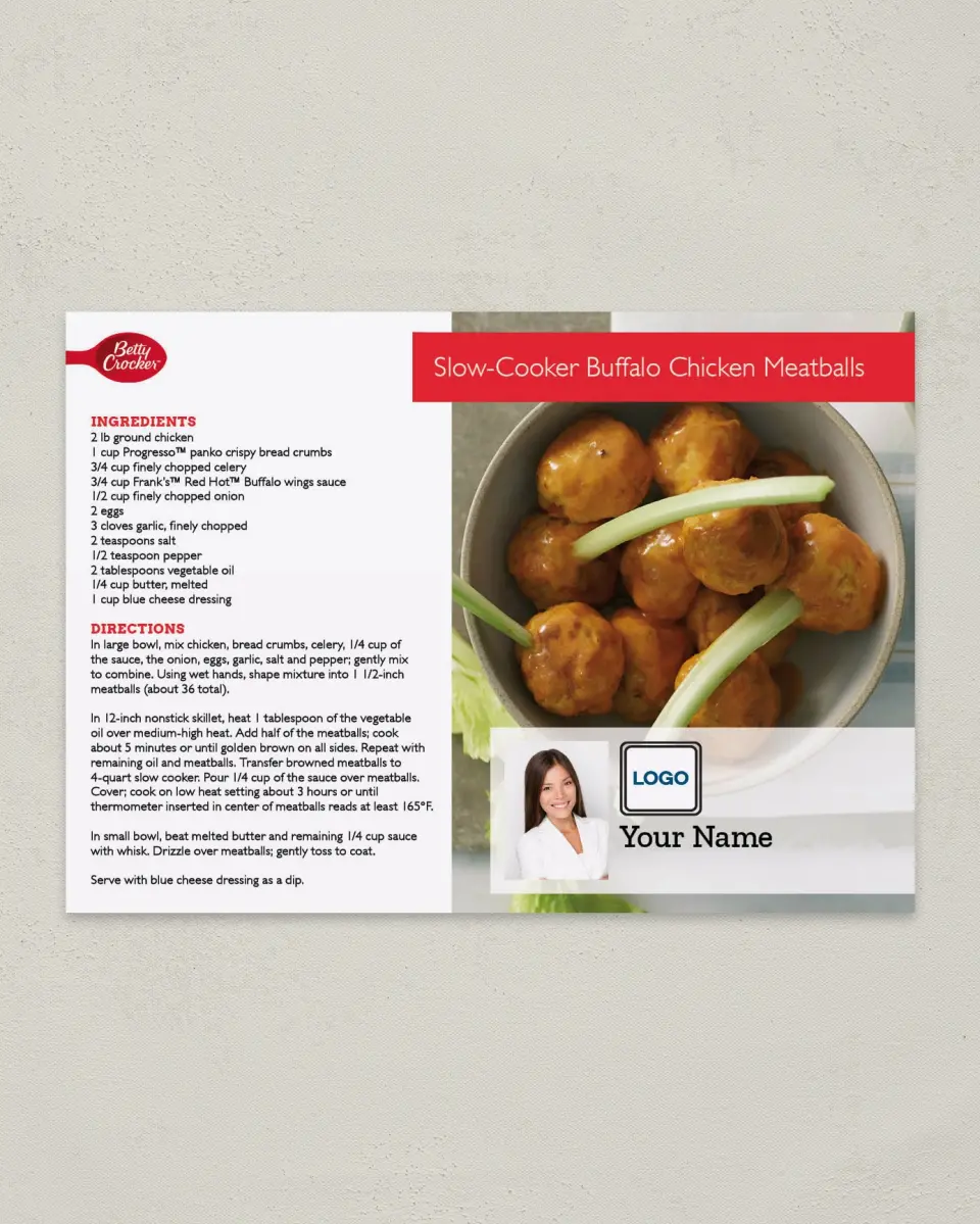 This is a 4¼" x 6" Postcard called Slow Cooker Buffalo Chicken Meatballs printed in full color